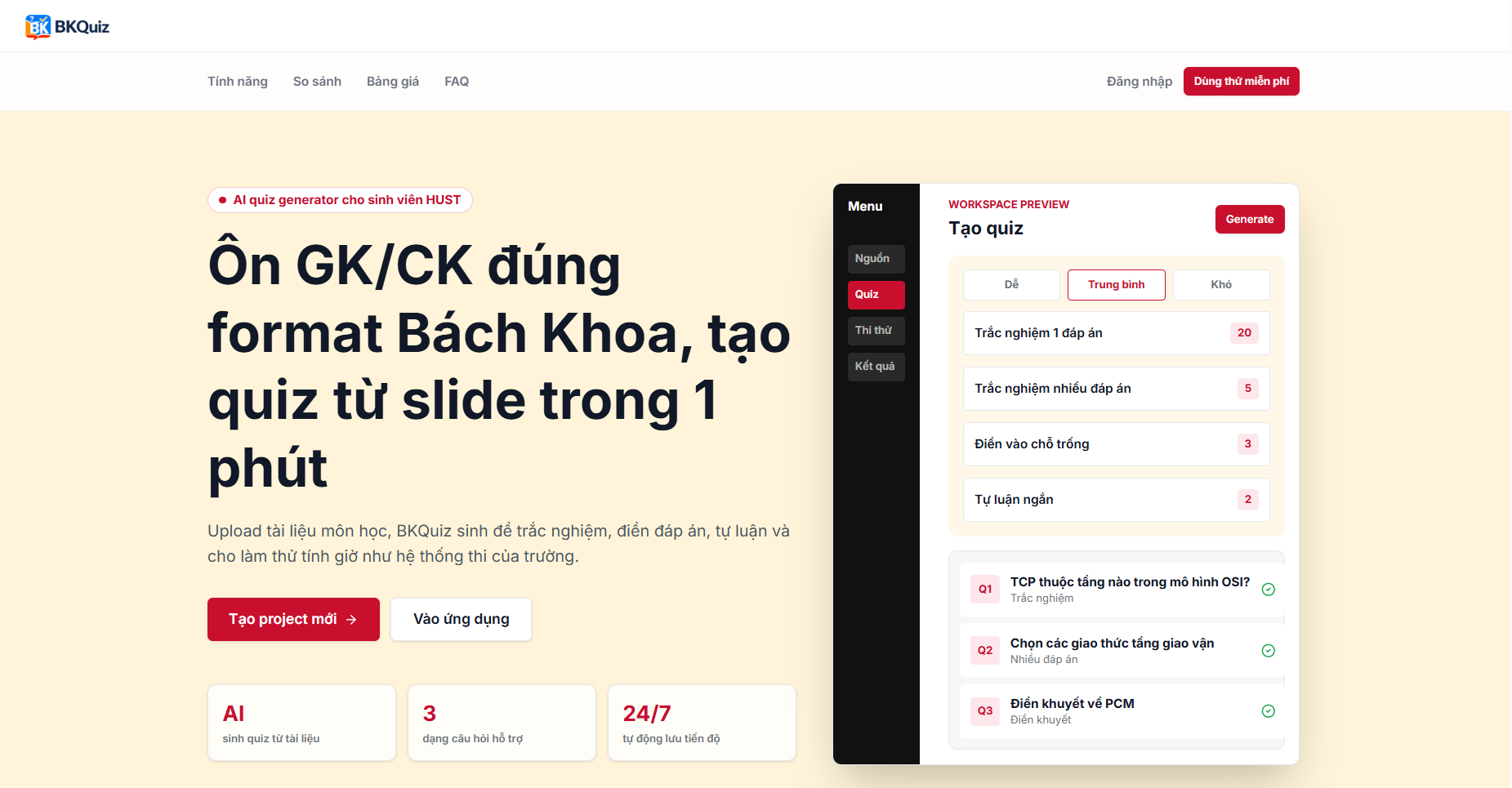 BKQuiz homepage with an AI quiz generator and exam workspace preview