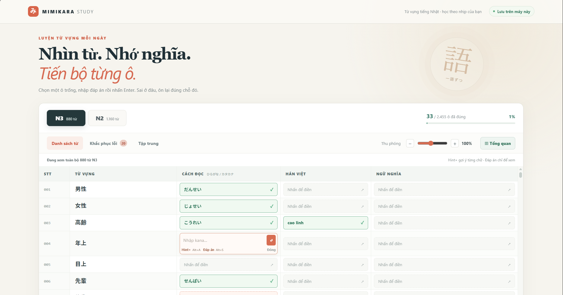 Mimikara Study vocabulary table with N3 and N2 practice and progress tracking